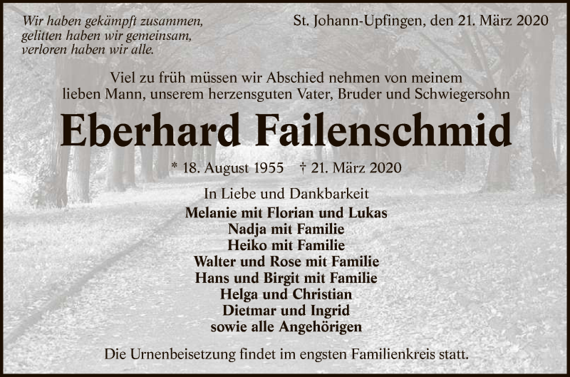  Traueranzeige für Eberhard Failenschmid vom 24.03.2020 aus Reutlinger General-Anzeiger