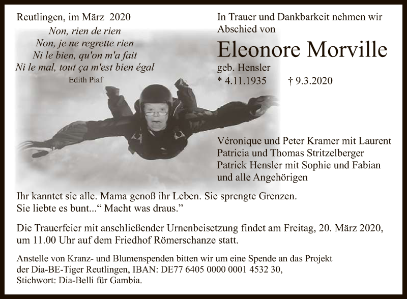 Traueranzeige für Eleonore Morville vom 14.03.2020 aus Reutlinger General-Anzeiger