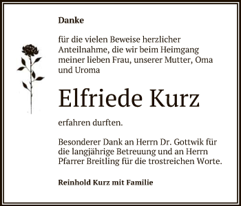 Anzeige von Elfriede Kurz von Reutlinger General-Anzeiger