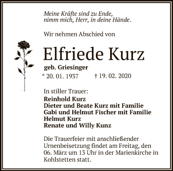 Anzeige von Elfriede Kurz von Reutlinger General-Anzeiger