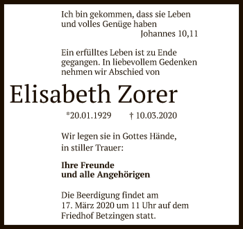 Anzeige von Elisabeth Zorer von Reutlinger General-Anzeiger