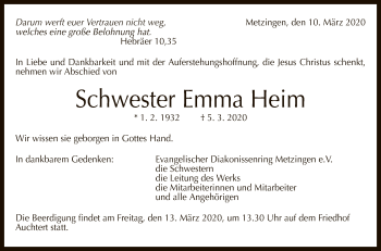 Anzeige von Emma Heim von Reutlinger General-Anzeiger