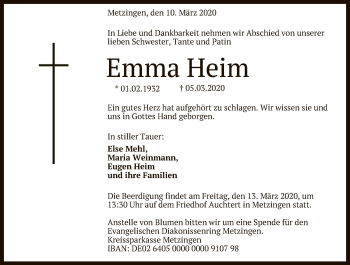 Anzeige von Emma Heim von Reutlinger General-Anzeiger