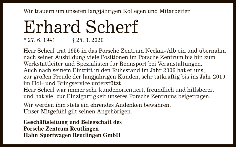  Traueranzeige für Erhard Scherf vom 28.03.2020 aus Reutlinger General-Anzeiger