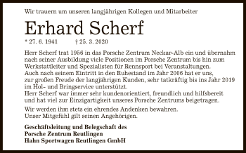 Anzeige von Erhard Scherf von Reutlinger General-Anzeiger