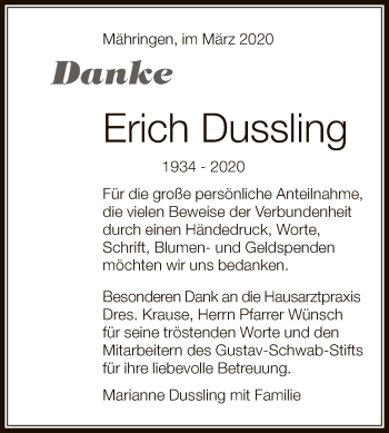 Anzeige von Erich Dussling von Reutlinger General-Anzeiger