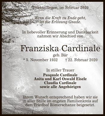 Anzeige von Franziska Cardinale von Reutlinger General-Anzeiger