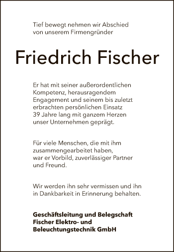 Anzeige von Friedrich Fischer von Reutlinger General-Anzeiger