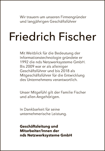 Anzeige von Friedrich Fischer von Reutlinger General-Anzeiger