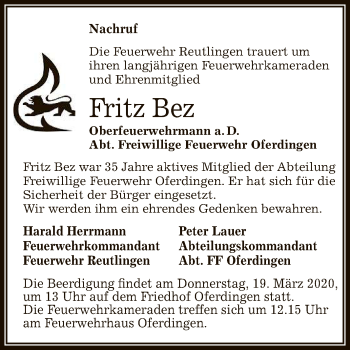 Anzeige von Fritz Bez von Reutlinger General-Anzeiger