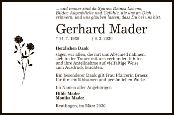 Anzeige von Gerhard Mader von Reutlinger General-Anzeiger