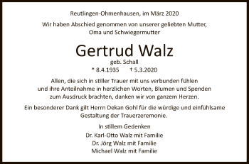 Anzeige von Gertrud Walz von Reutlinger General-Anzeiger