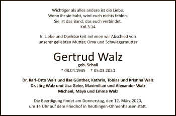 Anzeige von Gertrud Walz von Reutlinger General-Anzeiger