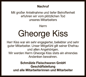 Anzeige von Gheorge Kiss von Reutlinger General-Anzeiger