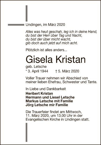 Anzeige von Gisela Kristan von Reutlinger General-Anzeiger