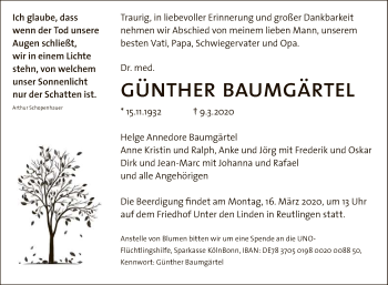 Anzeige von Günther Baumgärtel von Reutlinger General-Anzeiger