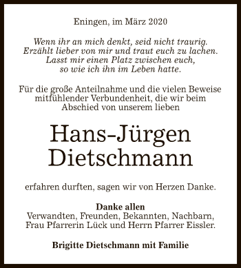 Anzeige von Hans-Jürgen Dietschmann von Reutlinger General-Anzeiger
