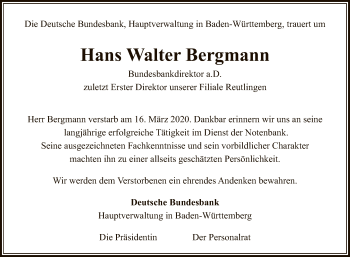 Anzeige von Hans Walter Bergmann von Reutlinger General-Anzeiger