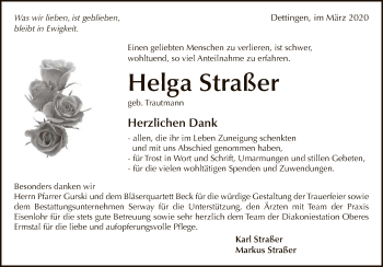 Anzeige von Helga Straßer von Reutlinger General-Anzeiger