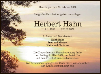Anzeige von Herbert Hahn von Reutlinger General-Anzeiger