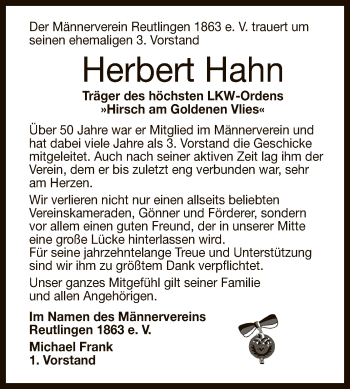 Anzeige von Herbert Hahn von Reutlinger General-Anzeiger