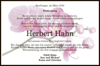 Anzeige von Herbert Hahn von Reutlinger General-Anzeiger