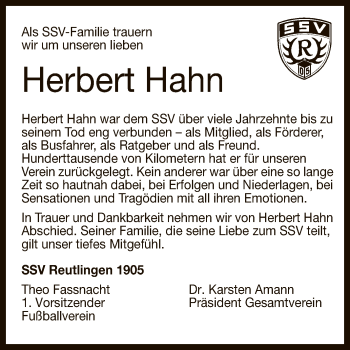 Anzeige von Herbert Hahn von Reutlinger General-Anzeiger