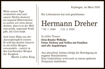 Anzeige von Hermann Dreher von Reutlinger General-Anzeiger
