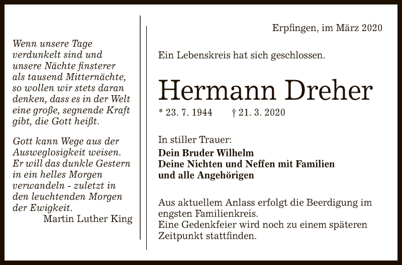  Traueranzeige für Hermann Dreher vom 25.03.2020 aus Reutlinger General-Anzeiger