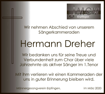 Anzeige von Hermann Dreher von Reutlinger General-Anzeiger