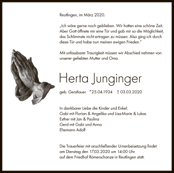 Anzeige von Herta Junginger von Reutlinger General-Anzeiger