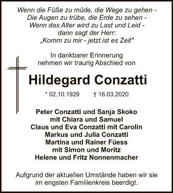 Anzeige von Hildegard Conzatti von Reutlinger General-Anzeiger