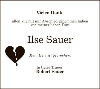 Anzeige von Ilse Sauer von Reutlinger General-Anzeiger