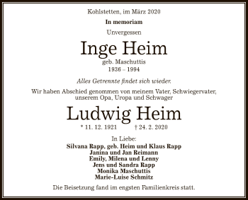Anzeige von Inge und Ludwig Heim von Reutlinger General-Anzeiger