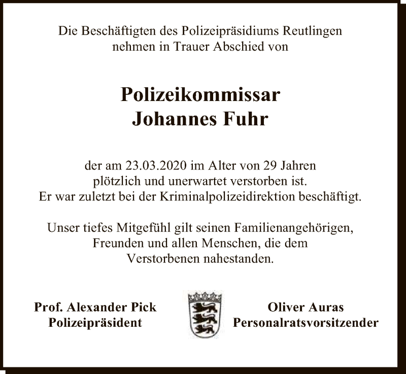  Traueranzeige für Johannes Fuhr vom 28.03.2020 aus Reutlinger General-Anzeiger