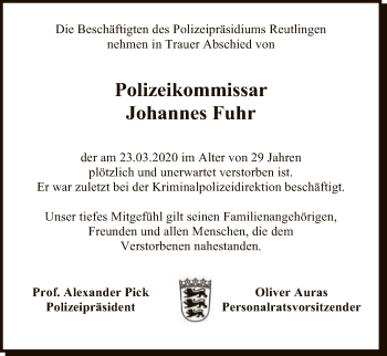 Anzeige von Johannes Fuhr von Reutlinger General-Anzeiger