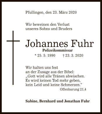 Anzeige von Johannes Fuhr von Reutlinger General-Anzeiger
