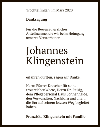 Anzeige von Johannes Klingenstein von Reutlinger General-Anzeiger