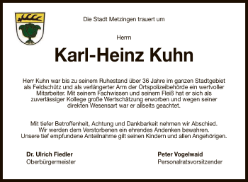 Anzeige von Karl-Heinz Kuhn von Reutlinger General-Anzeiger