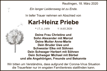 Anzeige von Karl-Heinz Priebe von Reutlinger General-Anzeiger