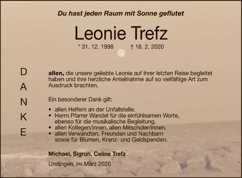  Traueranzeige für Leonie Trefz vom 07.03.2020 aus Reutlinger General-Anzeiger