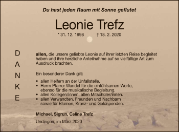 Anzeige von Leonie Trefz von Reutlinger General-Anzeiger