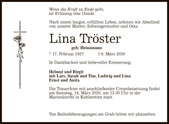 Anzeige von Lina Tröster von Reutlinger General-Anzeiger