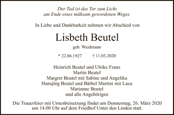 Anzeige von Lisbeth Beutel von Reutlinger General-Anzeiger