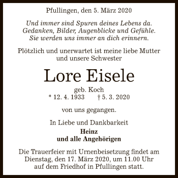 Anzeige von Lore Eisele von Reutlinger General-Anzeiger