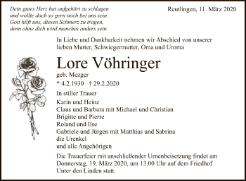 Anzeige von Lore Vöhringer von Reutlinger General-Anzeiger