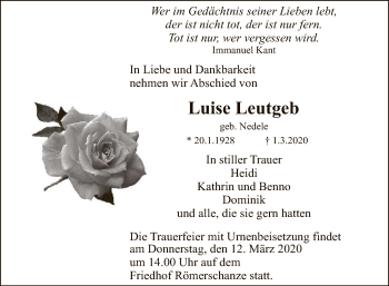 Anzeige von Luise Leutgeb von Reutlinger General-Anzeiger