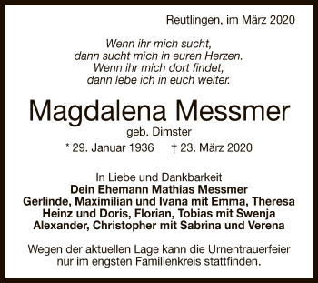 Anzeige von Magdalena Messmer von Reutlinger General-Anzeiger