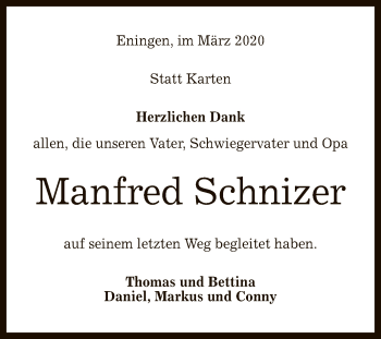 Anzeige von Manfred Schnizer von Reutlinger General-Anzeiger