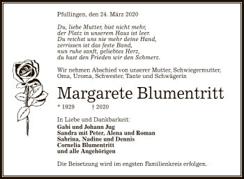 Anzeige von Margarete Blumentritt von Reutlinger General-Anzeiger